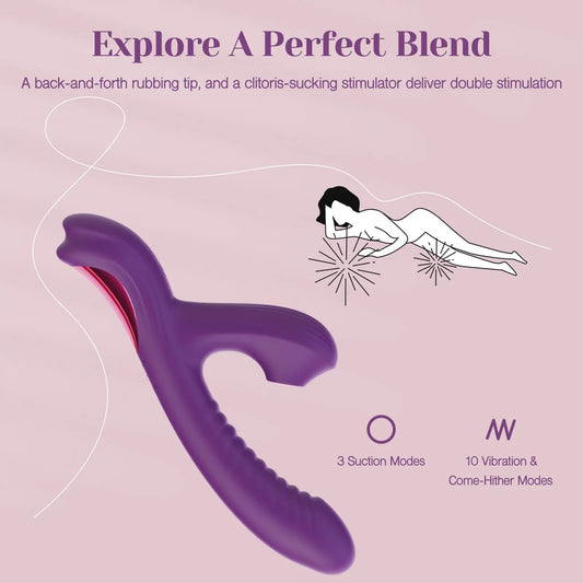 Dual stimulation rabbit vibrator with come-hither motion, 10 vibration modes and 3 suction modes
