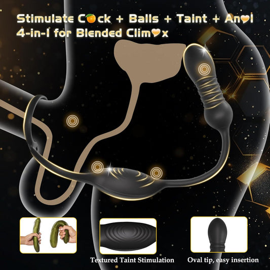 Zenzoone male cock ring prostate massager, stimulates cock + balls + taint + anus, 4-in-1 design for blended climax; textured taint stimulation, oval tip for easy insertion
