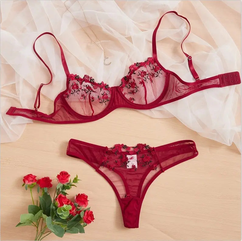 Sexy Embroidered Mesh Lingerie Set - Sheer Underwire Bra & Panty