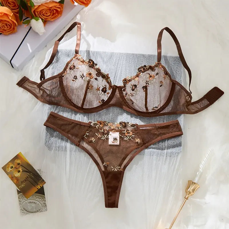 Sexy Embroidered Mesh Lingerie Set - Sheer Underwire Bra & Panty