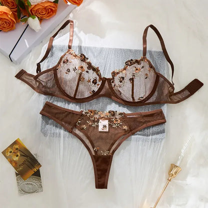 Sexy Embroidered Mesh Lingerie Set - Sheer Underwire Bra & Panty
