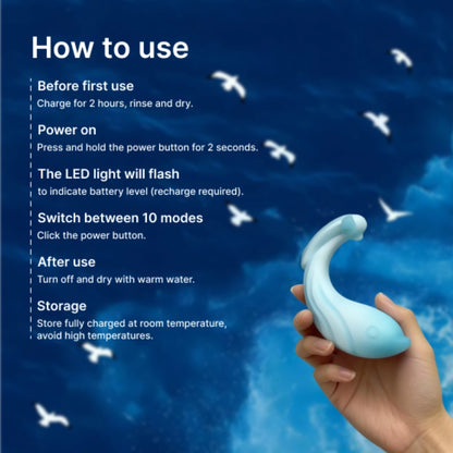 Instructions on how to use a device with a blue background and hand holding the device.