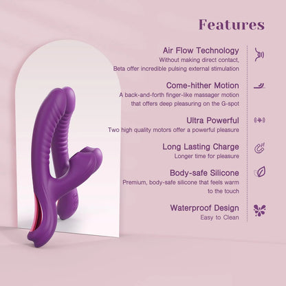 Come-hither rabbit vibrator with air flow technology, dual motors, body-safe silicone and waterproof design