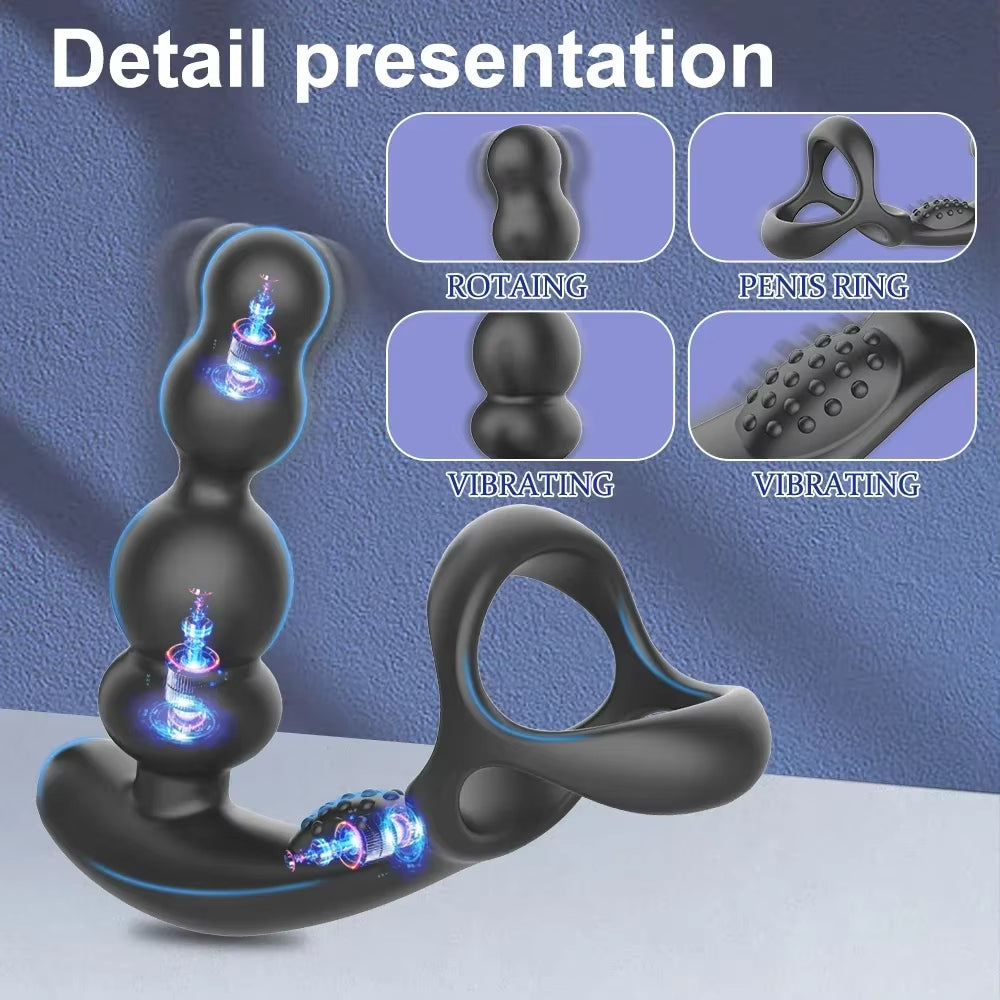 Male intimate massager: prostate anal plug, rotating vibration & penis ring
