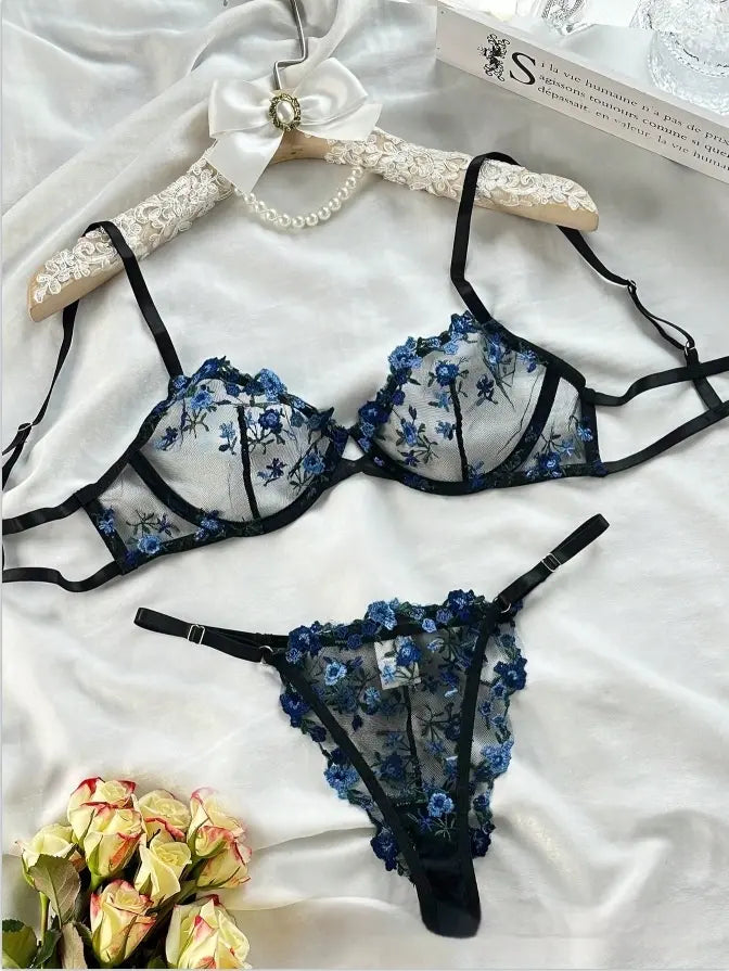 Sexy Embroidered Mesh Lingerie Set - Sheer Underwire Bra & Panty