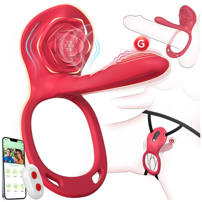 App Remote Control Wearable Rose Vibrator - Couples Panty Toy & Cock Ring