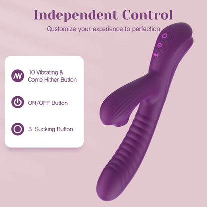 Rabbit vibrator independent controls for 10 vibration and come-hither modes with 3 suction settings