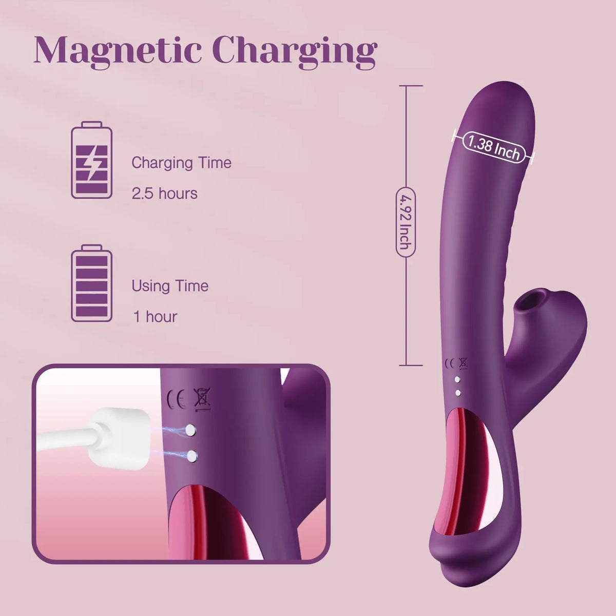 Come-hither rabbit vibrator dimensions with magnetic charging and one-hour use time
