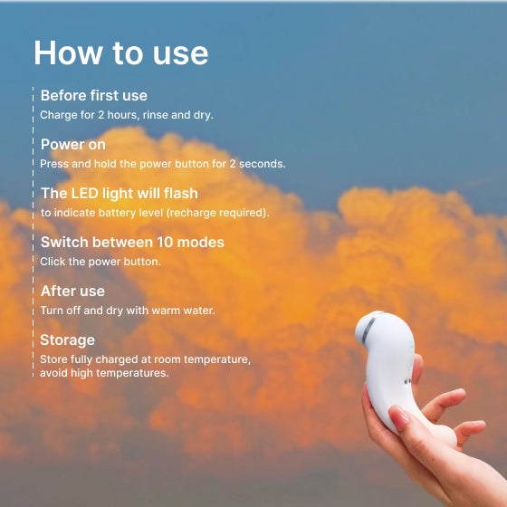 Zenzoone Luna clitoral suction vibrator instructions guide rechargeable 10 modes waterproof design
Hand holding a white device with instructions on how to use it against a blurred natural background.