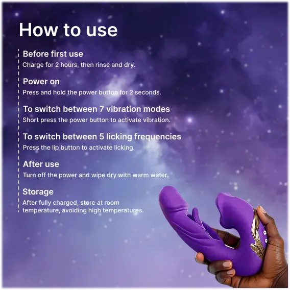 Zenzoone Mellow rechargeable tongue-style vibrator with easy power control, multiple vibration settings and waterproof maintenance instructions