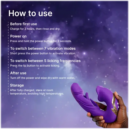 Zenzoone Mellow rechargeable tongue-style vibrator with easy power control, multiple vibration settings and waterproof maintenance instructions