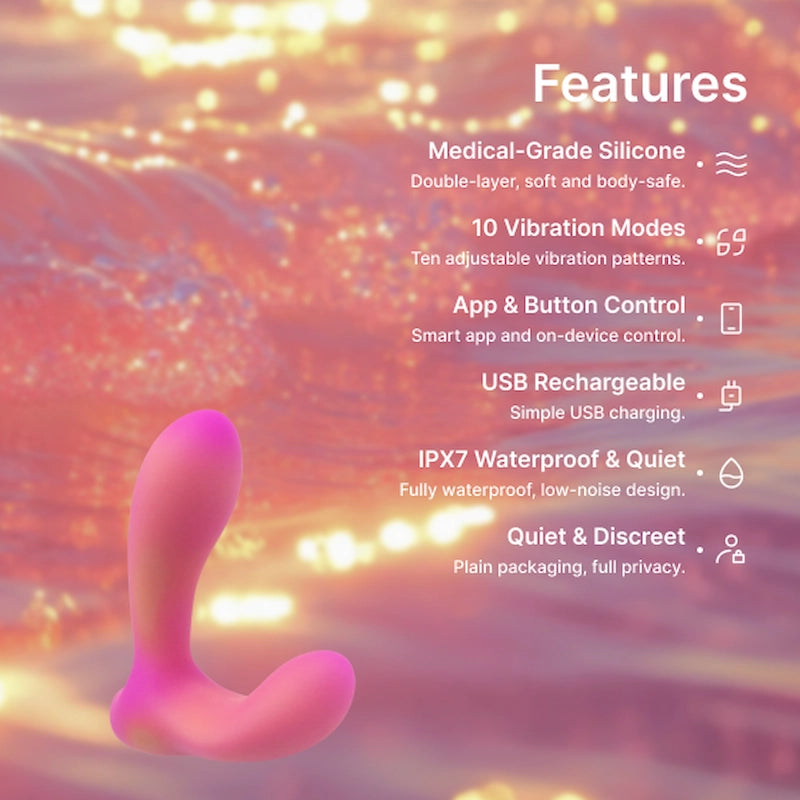 Zenzoone Secret prostate massager medical grade silicone 10 vibration modes USB rechargeable IPX7 waterproof quietPink silicone product with features listed on a blurred background