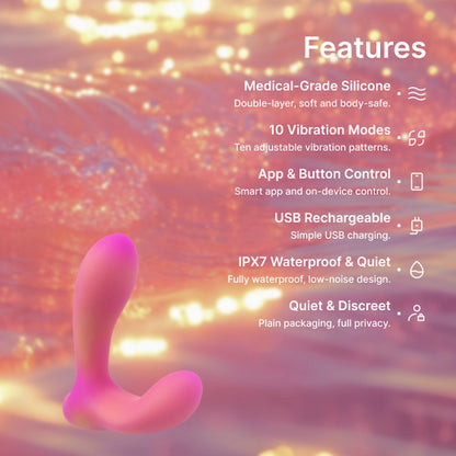 Zenzoone Secret prostate massager medical grade silicone 10 vibration modes USB rechargeable IPX7 waterproof quietPink silicone product with features listed on a blurred background