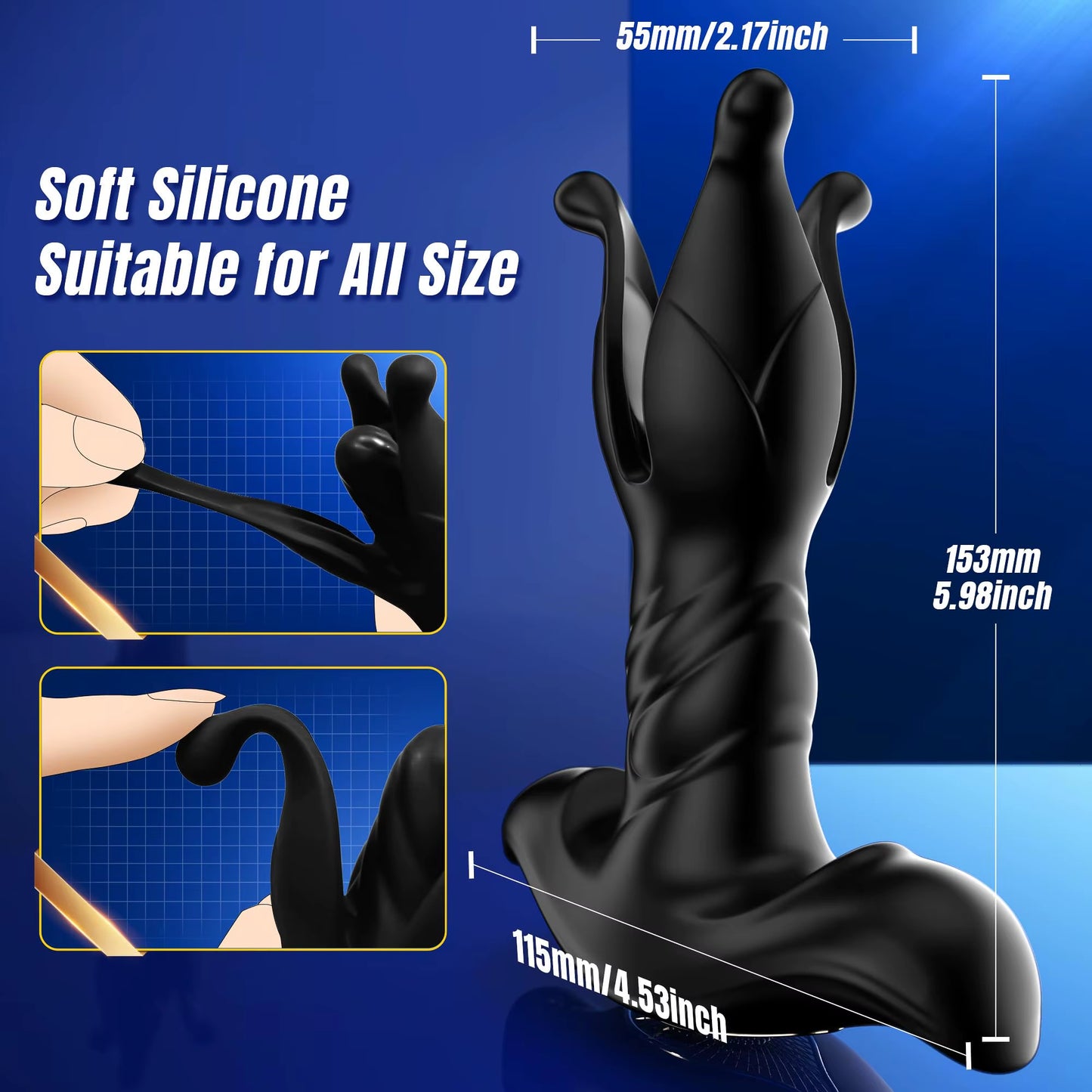 Zenzoone intimate toy made of soft silicone, suitable for all sizes, with exact dimensions: 55mm/2.17inch, 15mm/4.53inch, 153mm/5.98inch